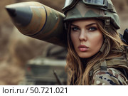 Soldier woman holding rocket launcher on her shoulder. Стоковое AI-изображение, AI-художник Иван Рябоконь / Фотобанк Лори