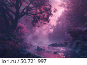 Magical pink forest with river flowing under moonlight and fireflies at night. Стоковое AI-изображение, AI-художник Иван Рябоконь / Фотобанк Лори