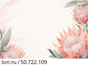 Watercolor protea flowers frame creating elegant pink border. Стоковое AI-изображение, AI-художник Иван Рябоконь / Фотобанк Лори