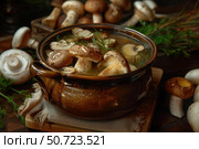 Steaming mushroom soup with fresh herbs simmering in ceramic pot. Стоковое AI-изображение, AI-художник Иван Рябоконь / Фотобанк Лори