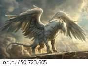 Majestic griffin spreading its enormous wings in a cloudy sky. Стоковое AI-изображение, AI-художник Иван Рябоконь / Фотобанк Лори