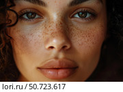 Close up of young woman with freckles showing natural beauty and confidence. Стоковое AI-изображение, AI-художник Иван Рябоконь / Фотобанк Лори