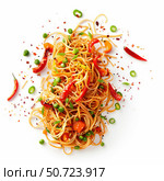 Wok noodles with vegetables and spices dropping on white background. Стоковое AI-изображение, AI-художник Иван Рябоконь / Фотобанк Лори