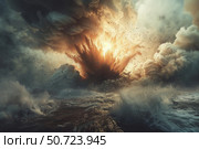 Gigantic asteroid impacting ocean creating huge explosion and wave. Стоковое AI-изображение, AI-художник Иван Рябоконь / Фотобанк Лори