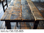 Reclaimed wood table showing knots, cracks, and grain in rustic setting. Стоковое AI-изображение, AI-художник Иван Рябоконь / Фотобанк Лори
