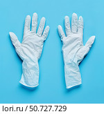 Two medical nitrile gloves protecting hands on light blue background. Стоковое AI-изображение, AI-художник Иван Рябоконь / Фотобанк Лори