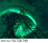 Powerlines and aurora borealis, Tjeldsundet, Norway. Стоковое фото, фотограф Arild Heitmann/Stocktrek Images / ТАСС / Фотобанк Лори
