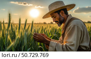A man in a straw hat is tending to a field of wheat. Стоковое AI-изображение, AI-художник Ярославский Максим / Фотобанк Лори