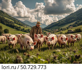 A man is standing in a field with a group of pigs. Стоковое AI-изображение, AI-художник Ярославский Максим / Фотобанк Лори