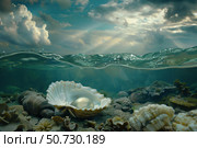 Golden pearl shining inside open shell underwater on seabed with sunlight rays piercing surface. Стоковое AI-изображение, AI-художник Иван Рябоконь / Фотобанк Лори