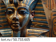 Golden mask of tutankhamun exhibiting ancient egyptian craftsmanship. Стоковое AI-изображение, AI-художник Иван Рябоконь / Фотобанк Лори