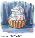Watercolor illustration of cakes on dark background, cupcake basket with white cream. Стоковая иллюстрация, иллюстратор Дарья Мережина / Фотобанк Лори