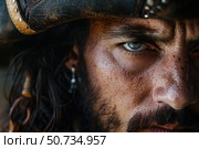 Pirate wearing tricorn hat showing intense gaze. Стоковое AI-изображение, AI-художник Иван Рябоконь / Фотобанк Лори