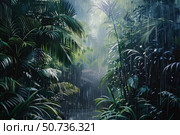 Heavy rain falling in lush tropical rainforest during monsoon season. Стоковое AI-изображение, AI-художник Иван Рябоконь / Фотобанк Лори