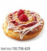 Delicious raspberry pastry swirl with icing drizzle on white background. Стоковое AI-изображение, AI-художник Иван Рябоконь / Фотобанк Лори