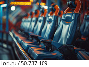 Empty rollercoaster seats waiting for passengers in amusement park. Стоковое AI-изображение, AI-художник Иван Рябоконь / Фотобанк Лори
