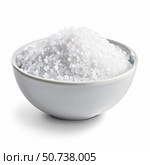 White bowl overflowing with coarse sea salt crystals on white background. Стоковое AI-изображение, AI-художник Иван Рябоконь / Фотобанк Лори