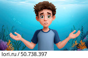 Young boy showing puzzlement underwater with air bubbles. Стоковое AI-изображение, AI-художник Юрий Поздников / Фотобанк Лори