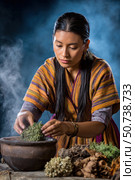 Herbalist preparing traditional medicine with fresh herbs. Стоковое AI-изображение, AI-художник Юрий Поздников / Фотобанк Лори