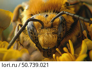 Close up of a bee gathering pollen on yellow flowers. Стоковое AI-изображение, AI-художник Иван Рябоконь / Фотобанк Лори