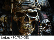 Scary pirate skull wearing tricorn hat and bandana. Стоковое AI-изображение, AI-художник Иван Рябоконь / Фотобанк Лори