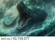 Gigantic sea monster emerging from the ocean during a storm. Стоковое AI-изображение, AI-художник Иван Рябоконь / Фотобанк Лори