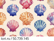 Watercolor seashells forming a seamless marine pattern. Стоковое AI-изображение, AI-художник Иван Рябоконь / Фотобанк Лори