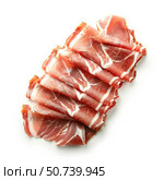 Slices of coppa stagionata forming a delicious composition on white background. Стоковое AI-изображение, AI-художник Иван Рябоконь / Фотобанк Лори