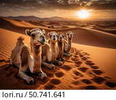 Four camels are laying in the desert, with the sun setting in the background. Стоковое AI-изображение, AI-художник Ярославский Максим / Фотобанк Лори