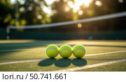 Three tennis balls are sitting on a tennis court. Стоковое AI-изображение, AI-художник Ярославский Максим / Фотобанк Лори