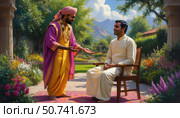A man in a yellow robe is talking to another man in a purple robe. Стоковое AI-изображение, AI-художник Ярославский Максим / Фотобанк Лори