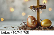 Easter egg and golden cross with crown of thorns on white wooden background with bokeh lights, close up video. Стоковое AI-видео, аниматор Анжелика Самсонова / Фотобанк Лори