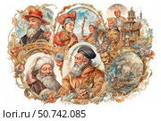 A bright historical fantasy composition made in the technique of watercolor illustration. In the center and along the edges are portraits of men and women in traditional and elegant clothes of different eras and cultures. Each image is surrounded by decorative frames with flowers, curls and symbols. Among the elements are architectural structures, fantastic masks, animals and a landscape with a castle and boats. The illustration conveys the atmosphere of travel, cultural heritage, stories and legends. Suitable for themes of art, history, ethnography, fairy tales and fantasy. Стоковое AI-изображение, AI-художник Анна Кривицкая / Фотобанк Лори
