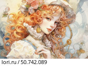 An artistic portrait of a young woman in the style of romantic watercolor, executed with high detail. The girl is depicted with lush curly red hair, decorated with flowers, in an exquisite dress with frills and lace. She is wearing an elegant hat and vintage jewelry, including watch earrings. The heroine's gaze is gentle and mysterious, the background is soft, pastel, with elements of ornament and light blurred lines. The image is associated with the era of romanticism and Victorian style. Suitable for themes of art, fashion, history, beauty and femininity. Стоковое AI-изображение, AI-художник Анна Кривицкая / Фотобанк Лори