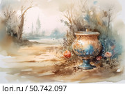 Watercolor illustration of an elegant decorative vase standing on the ground among dry branches and fading flowers. In the background there is a light fog and outlines of trees along the pond, creating a feeling of peace and slight melancholy. The vase is made in warm and blue-gold tones with a floral ornament, in the spirit of antique art objects. The overall composition evokes an atmosphere of coziness, antiquity and sentimental mood. Стоковое AI-изображение, AI-художник Анна Кривицкая / Фотобанк Лори
