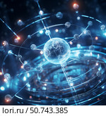 Atom with rotating electrons, energy and matter concept background. Стоковое AI-изображение, AI-художник Михаил Коханчиков / Фотобанк Лори