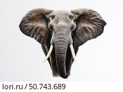 Majestic Elephant Portrait Showcasing Impressive Tusks and Large Ears Against White Background. Стоковое AI-изображение, AI-художник Юлия Гапеенко / Фотобанк Лори