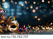 Celebration Atmosphere With Sparkly Mask and Confetti During a Festive Event in the Evening. Стоковое AI-изображение, AI-художник Юлия Гапеенко / Фотобанк Лори