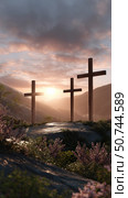 Three Wooden Crosses Stand on a Hillside as the Sun Rises Over the Mountains. Стоковое AI-изображение, AI-художник Юлия Гапеенко / Фотобанк Лори