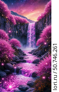 A fantastic landscape with a waterfall, shining colors, and a magical atmosphere. Стоковое AI-изображение, AI-художник Анастасия Пальчикова / Фотобанк Лори