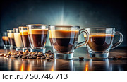Five Cups of Espresso Coffee on Wooden Tabletop With Coffee Beans. Generative AI. Стоковое AI-изображение, AI-художник Roman Zavorotny / Фотобанк Лори
