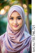 Woman Wearing A Light Pink Hi jab In A Park On A Sunny Day. Generative AI. Стоковое AI-изображение, AI-художник Roman Zavorotny / Фотобанк Лори