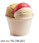 Indonesian Flag Ice Cream Scoops in a Paper Cup on a White Background. Generative AI. Стоковое AI-изображение, AI-художник Roman Zavorotny / Фотобанк Лори