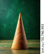 Varnished Wooden Cone on a Green Background. Generative AI. Стоковое AI-изображение, AI-художник Roman Zavorotny / Фотобанк Лори