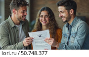 Smiling happy young woman talking male colleagues at shared workplace, worker laughing at funny joke, reading funny news, excited business success, employees having break, explore contract details. Стоковое AI-видео, аниматор Sergey Grishin / Фотобанк Лори