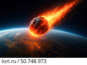 A Dramatic Depiction of an Asteroid Plummeting Toward Earth, Illuminating the Atmosphere with Fiery Trails and Evoking the Power of Cosmic Forces. Стоковое AI-изображение, AI-художник Башкирова Анна / Фотобанк Лори