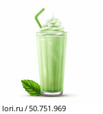 Refreshing matcha frappe topped with whipped cream and mint leaf. Стоковое AI-изображение, AI-художник Иван Рябоконь / Фотобанк Лори