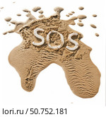 Sos message written with coconut pieces on wet sand with sea foam. Стоковое AI-изображение, AI-художник Иван Рябоконь / Фотобанк Лори