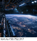 Spaceship is orbiting planet earth at night, city lights are visible from space. Стоковое AI-изображение, AI-художник Иван Рябоконь / Фотобанк Лори