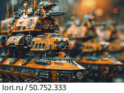 Futuristic orange tanks preparing for an epic battle. Стоковое AI-изображение, AI-художник Иван Рябоконь / Фотобанк Лори